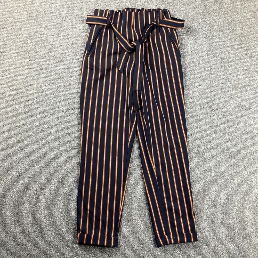 Zara Pants Womens Small Blue Red Striped Tapered Leg Belt Rolled Cuff Adults